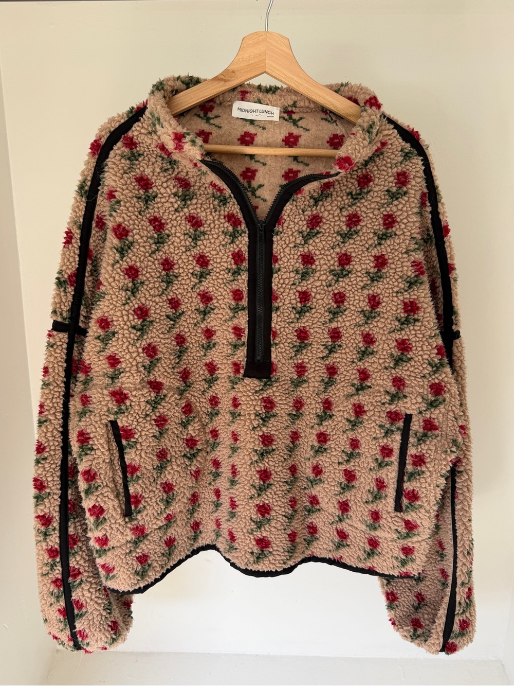 Midnight Lunch Floral Sherpa Half-Zip Pullover - Beige with Red Roses Medium